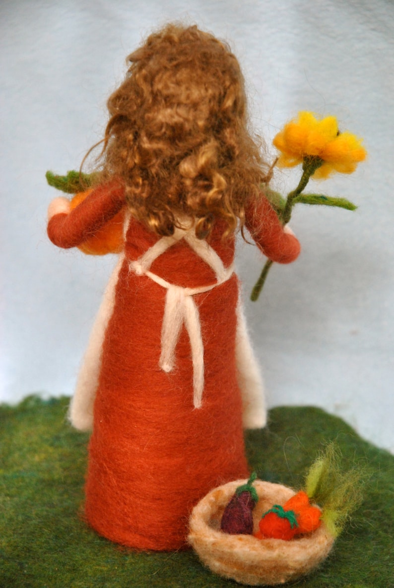 Waldorf inspired needle felted doll/Standing doll: Autumn fairy with sunflower,pumpkin and vegetables. Made to Order image 2