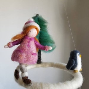 Winter Scene Waldorf inspired Needle felted children mobile: Girl skating and penguin image 5