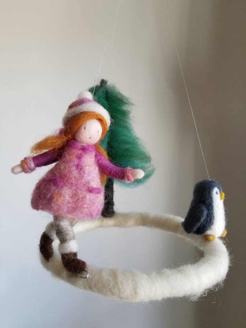 Winter Scene Waldorf inspired Needle felted children mobile: Girl skating and penguin image 5