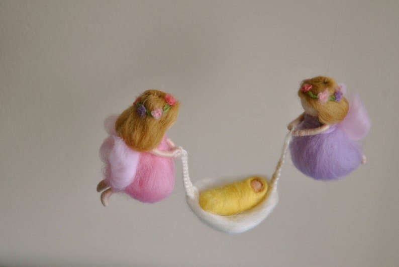 Nursery Mobile Waldorf inspired needle felted: Fairies with Baby image 3