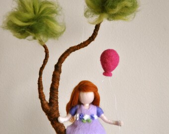 Girls Room Decoration Waldorf inspired needle felted mobile : Girl in purple with  balloon