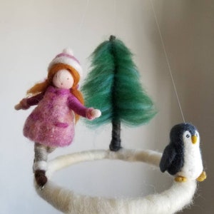 Winter Scene Waldorf inspired Needle felted children mobile: Girl skating and penguin image 2
