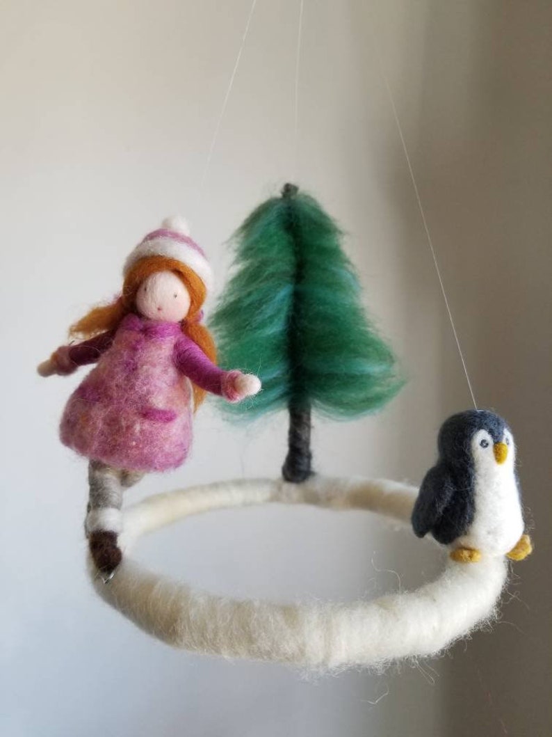 Winter Scene Waldorf inspired Needle felted children mobile: Girl skating and penguin image 2