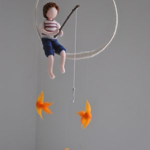 Fishing boy Waldorf inspired needle felted doll mobile: Boy with three fishes image 6