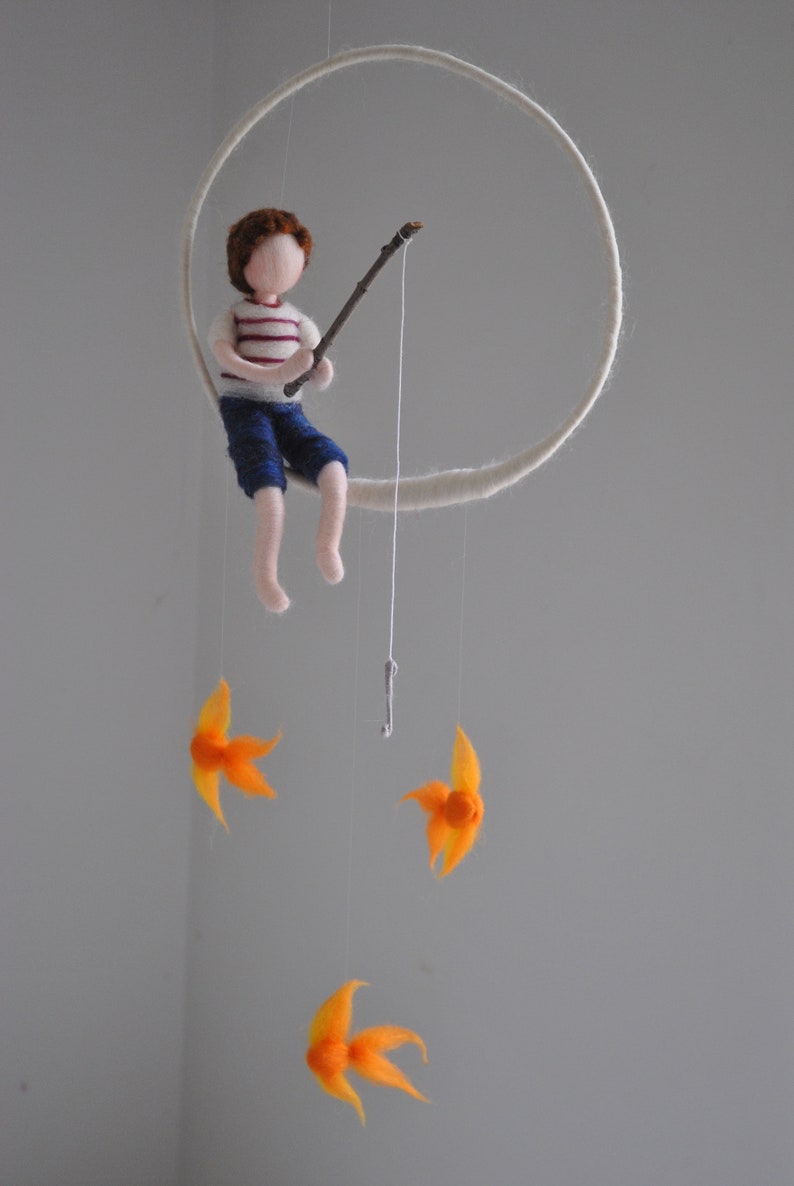 Fishing boy Waldorf inspired needle felted doll mobile: Boy with three fishes image 6