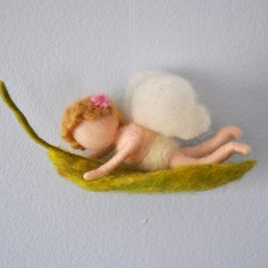 Nursery Ornament Waldorf inspired needle felted Fairy:  Baby on the leaf
