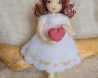 Needle Felted Waldorf Doll with Heart, Wool Figurine