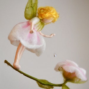 Flower Fairy  Mobile Waldorf Inspired Needle Felted : Rose fairy with crystal drop.Made to order