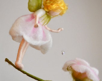 Flower Fairy  Mobile Waldorf Inspired Needle Felted : Rose fairy with crystal drop.Made to order