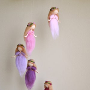 Waldorf Ispired needle felted mobile: The Pink and Purple Colors Wool Fairies (circle natural wood or wrapped with wool)