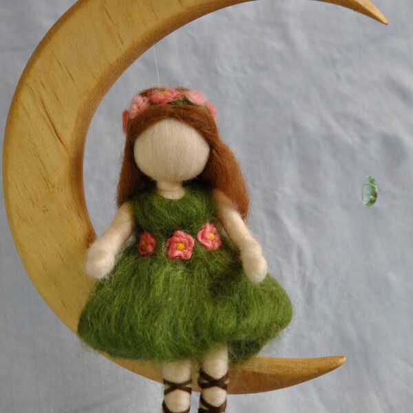 Waldorf inspired needle felted doll mobile: The green fairy in the Moon