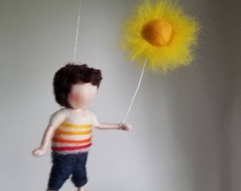 Waldorf inspired Needle Felted wall hanging ornament   : boy and the sun Decor Mobile