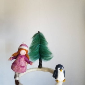 Winter Scene Waldorf inspired Needle felted children mobile: Girl skating and penguin image 4