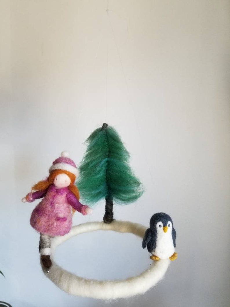 Winter Scene Waldorf inspired Needle felted children mobile: Girl skating and penguin image 4