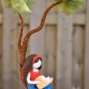 Girls Room Decor  needle felted : Girl reading a book in a branch