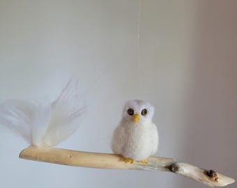 Room Decor  needle felted ornament : White Owl on the branch