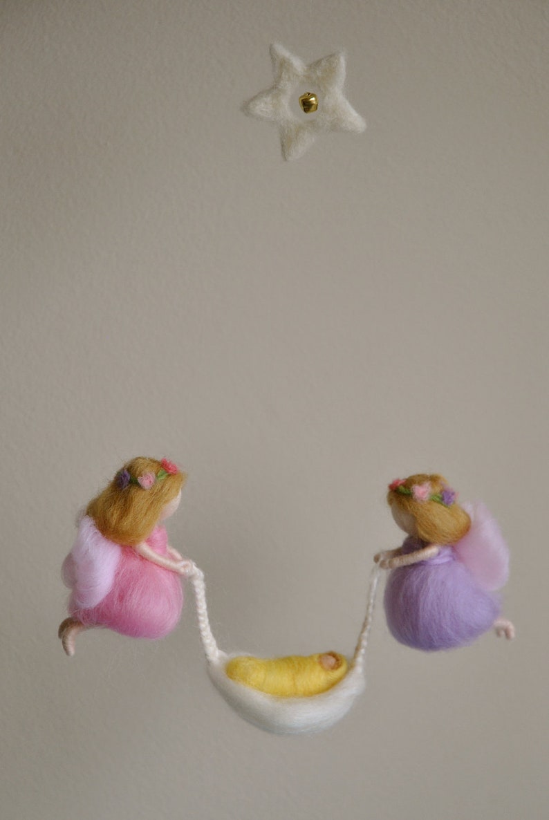 Nursery Mobile Waldorf inspired needle felted: Fairies with Baby image 1