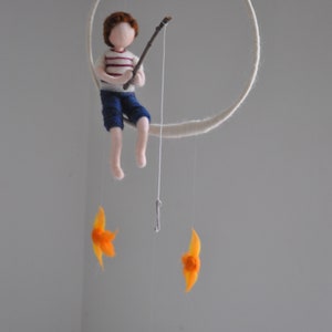Fishing boy Waldorf inspired needle felted doll mobile: Boy with three fishes image 5