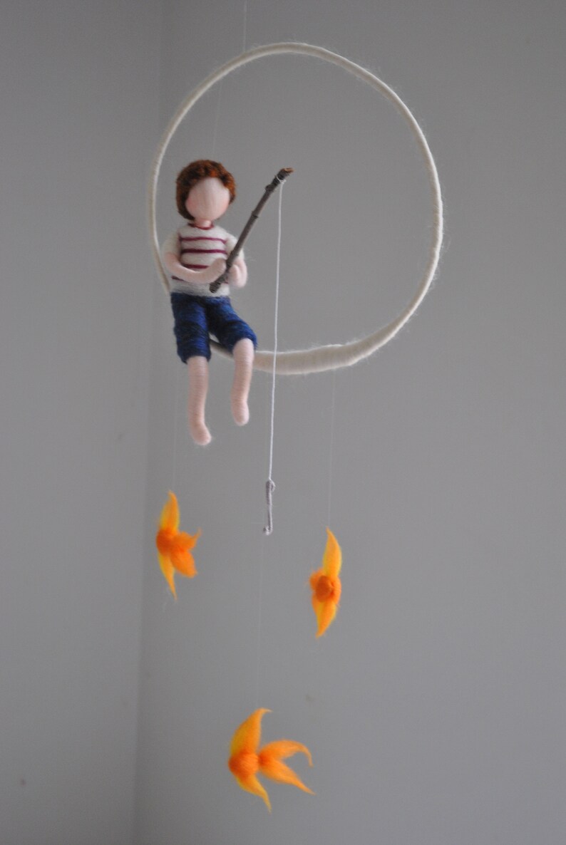 Fishing boy Waldorf inspired needle felted doll mobile: Boy with three fishes image 5