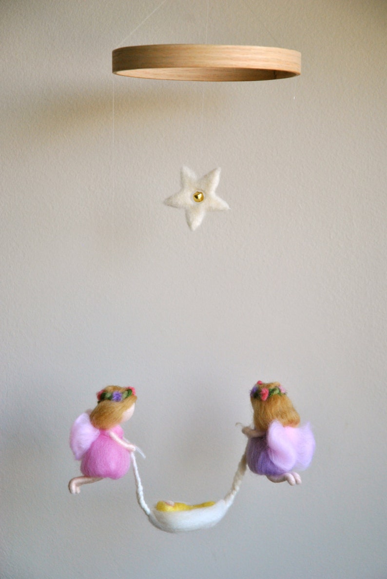 Nursery Mobile Waldorf inspired needle felted: Fairies with Baby image 2