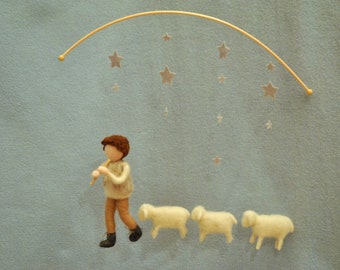 Nursery Decor Needle Felted Waldorf Inspired Wall Hanging Mobile: The shepherd Boy with 3 Sheep