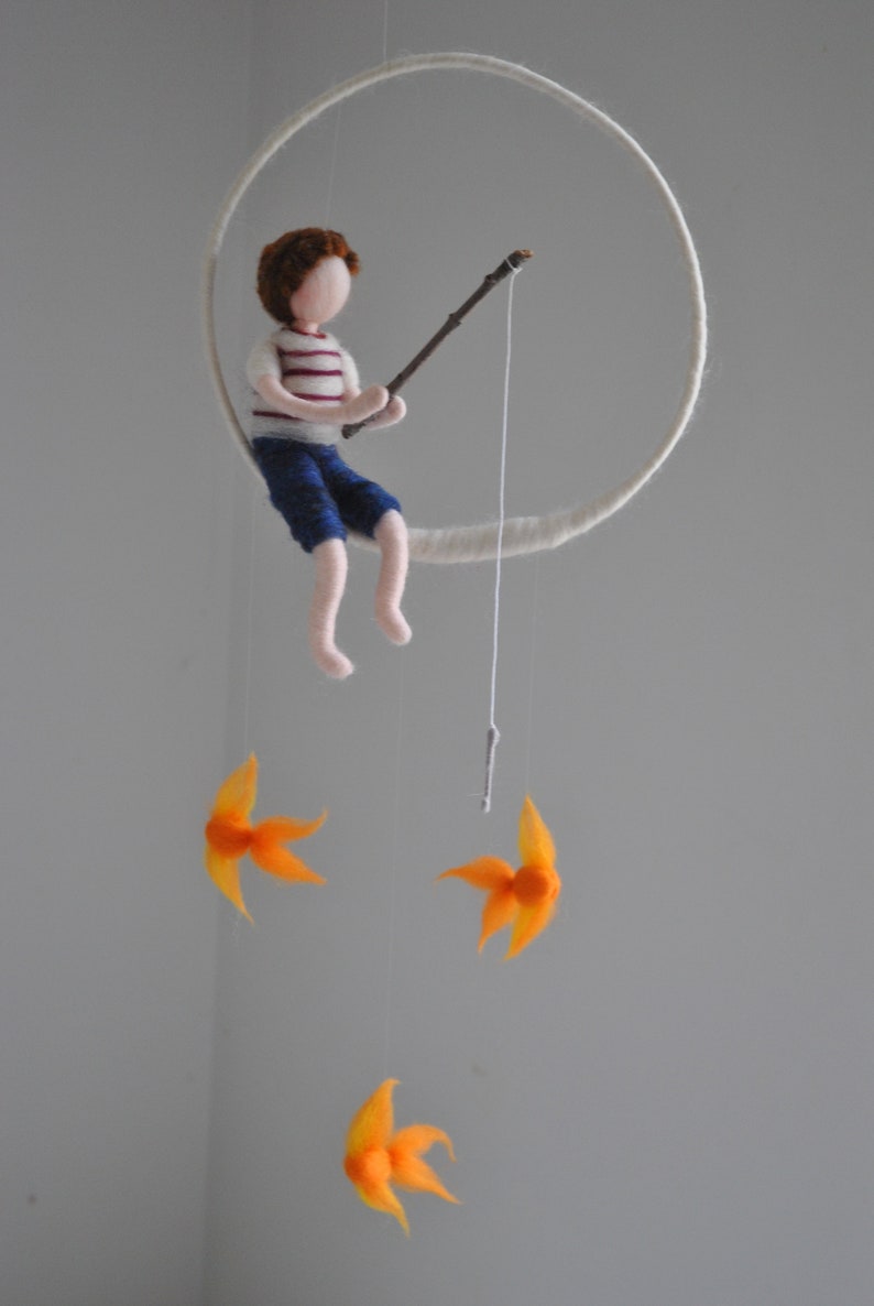 Fishing boy Waldorf inspired needle felted doll mobile: Boy with three fishes image 7
