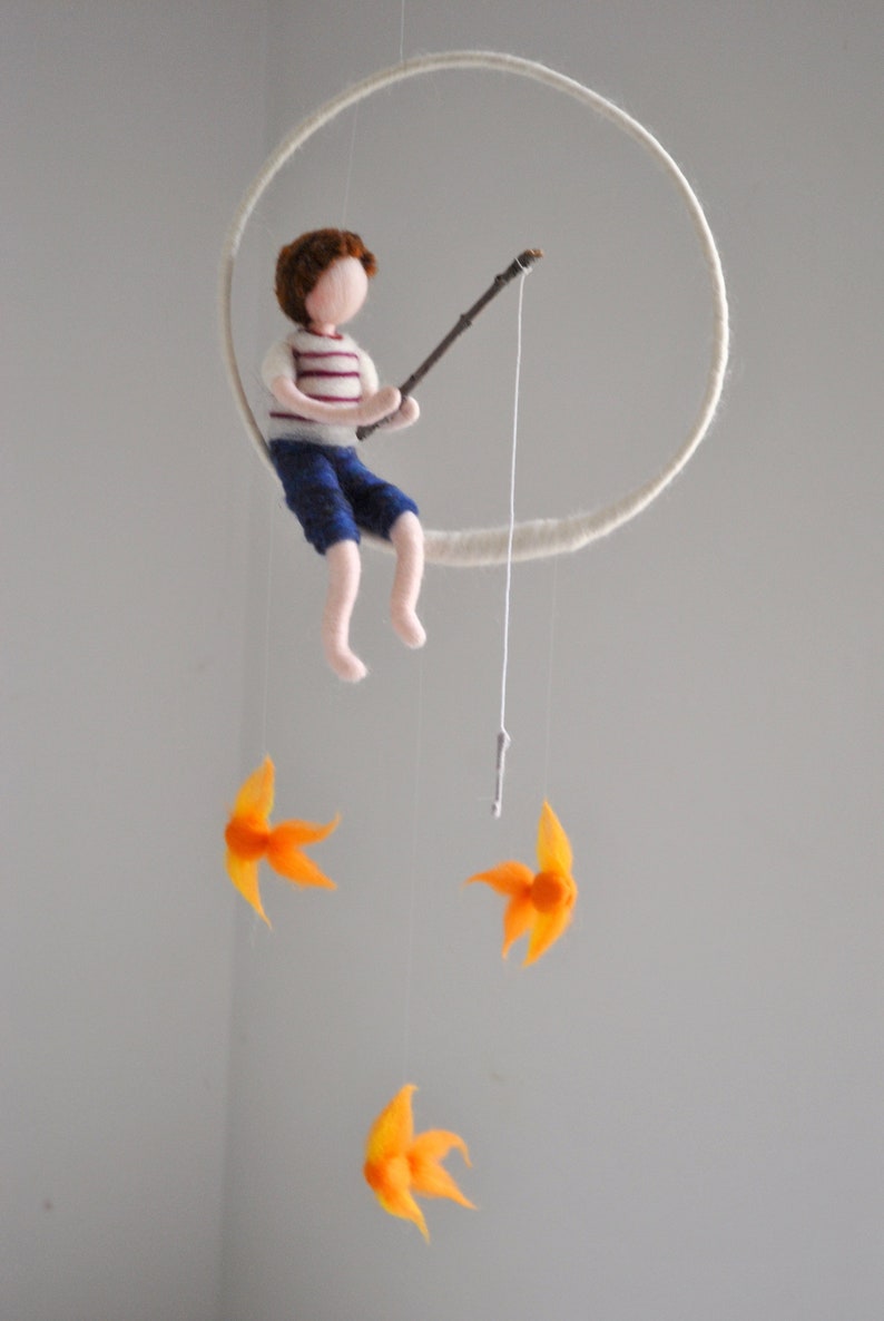 Fishing boy Waldorf inspired needle felted doll mobile: Boy with three fishes image 1