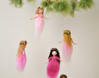 Nursery Mobile Waldorf inspired:  The Pink Colors Wool Fairies in a branch. Customize your order.