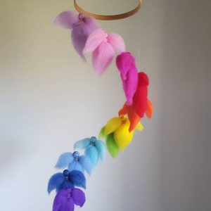 Children mobile Waldorf inspired needle felted : The rainbow angels. Made to order.