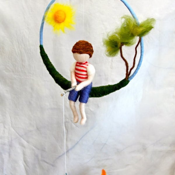 Fishing Boy Waldorf inspired needle felted  mobile: Boy  with tree and sun