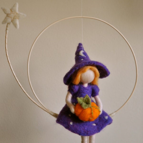 Halloween Decoration Waldorf inspired needle felted : Witch with pumpkin and star (made to order)