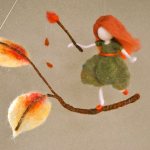 Autumn Fairy Waldorf inspired needle felted wall hanging :  Painting the leaves