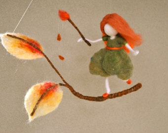 Autumn Fairy Waldorf inspired needle felted wall hanging :  Painting the leaves