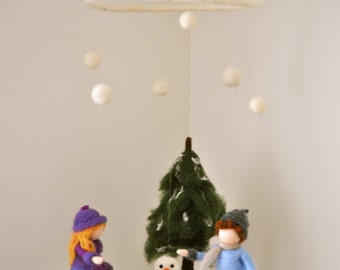 Winter mobile Waldorf inspired needle felted : Children  and snowman