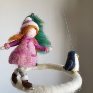Winter Scene Waldorf inspired Needle felted children mobile: Girl skating and penguin image 7