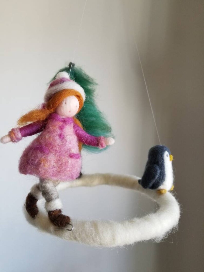 Winter Scene Waldorf inspired Needle felted children mobile: Girl skating and penguin image 7