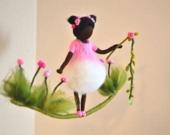 Room decor Wool mobile  Needle felted : Girl with Pink Flowers