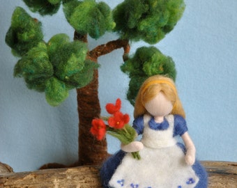 Waldorf inspired needle felted doll: The girl with the red flowers bouquet