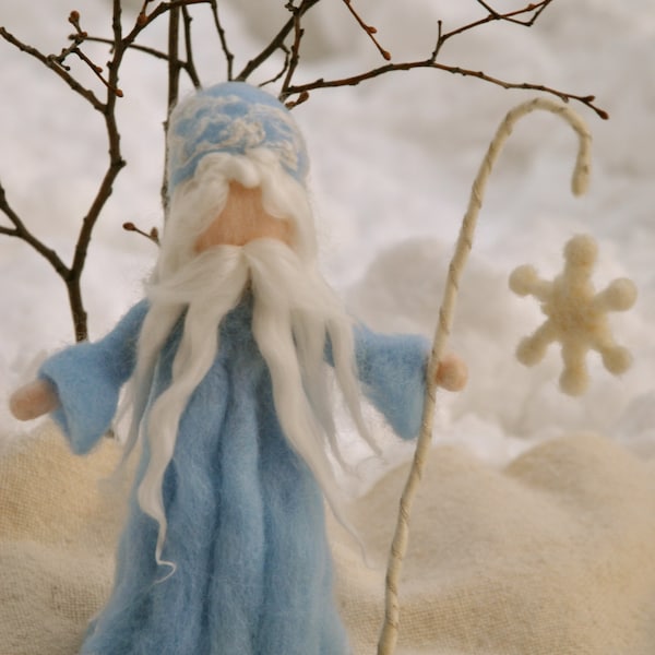 King Winter Waldorf inspired Needle felted : Standing  Doll with snow flake
