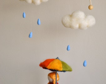 Children mobile Waldorf inspired needle felted girl with umbrella : It's raining