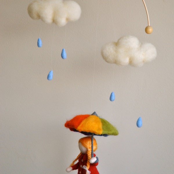 Children mobile Waldorf inspired needle felted girl with umbrella : It's raining