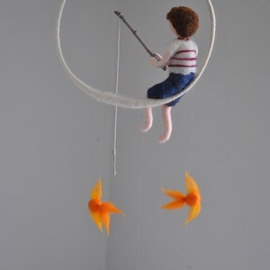 Fishing boy Waldorf inspired needle felted doll mobile: Boy with three fishes image 4