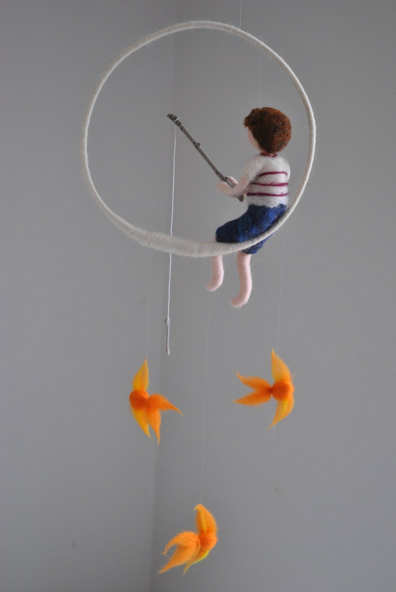 Fishing boy Waldorf inspired needle felted doll mobile: Boy with three fishes image 4