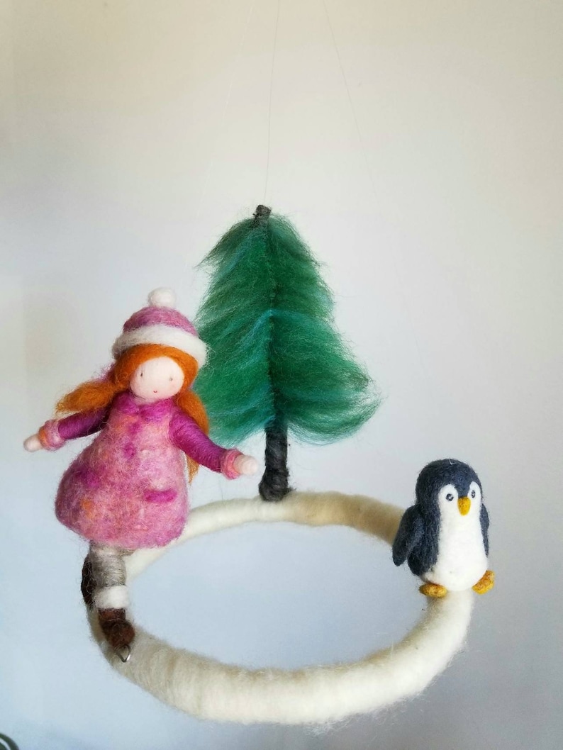 Winter Scene Waldorf inspired Needle felted children mobile: Girl skating and penguin image 1