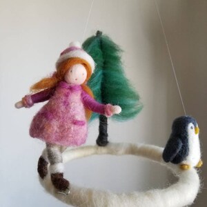 Winter Scene Waldorf inspired Needle felted children mobile: Girl skating and penguin image 6