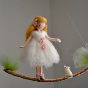 Room decor Wool mobile  Needle felted ornament : Girl with white mouse. Made to order.