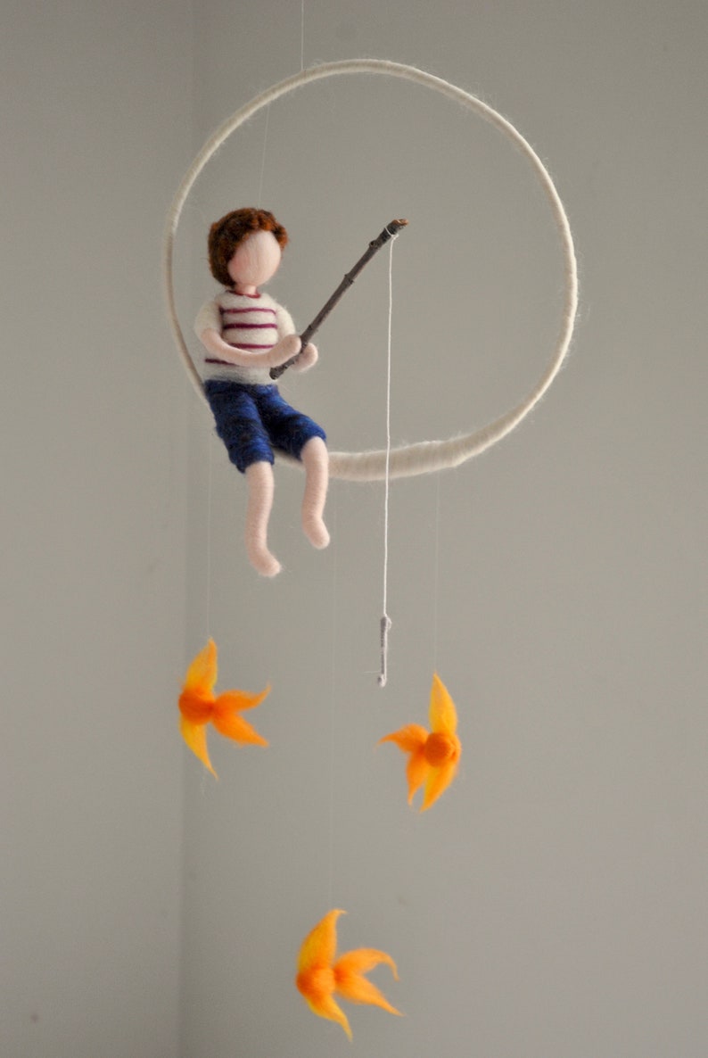 Fishing boy Waldorf inspired needle felted doll mobile: Boy with three fishes image 2