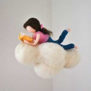 Cloud Mobile Room Decor  needle felted : Girl or Boy reading a book.Made to Order