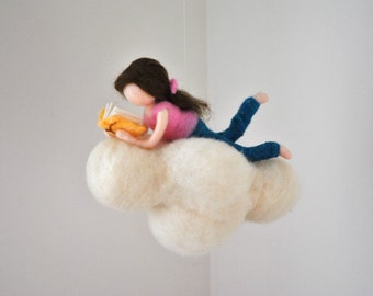 Cloud Mobile Room Decor  needle felted : Girl or Boy reading a book.Made to Order