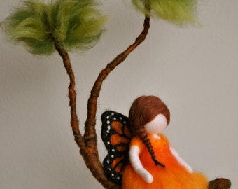 Girls Mobile Waldorf inspired needle felted : Monarch Butterfly fairy in a branch